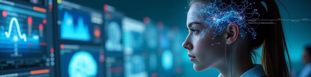 Futuristic medical scene with person wearing neural headband emitting holographic sound waves with brain activity visualizations on transparent screens