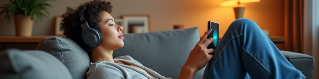 Person relaxing on couch wearing quality headphones with smartphone showing binaural beats app on side table