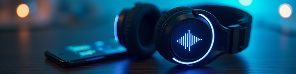 Professional product photography of high-quality wireless headphones with soft blue glow next to smartphone displaying sound wave therapy app