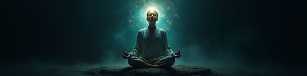 Person meditating with visible blue-green theta waves emanating from their head, with subtle golden healing light surrounding their body