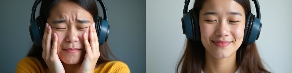 Split-screen comparison showing person with pained expression on left and same person with peaceful relaxed expression wearing headphones on right